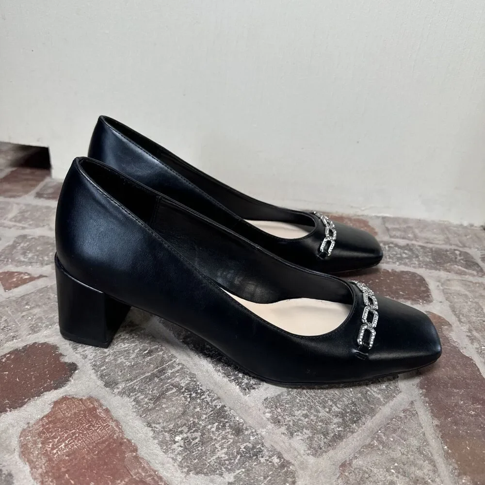 Foot Ha! Womens‎ Chunky Heels Shoes Sz 9.5 Black Slip On Shoe With Embellishing